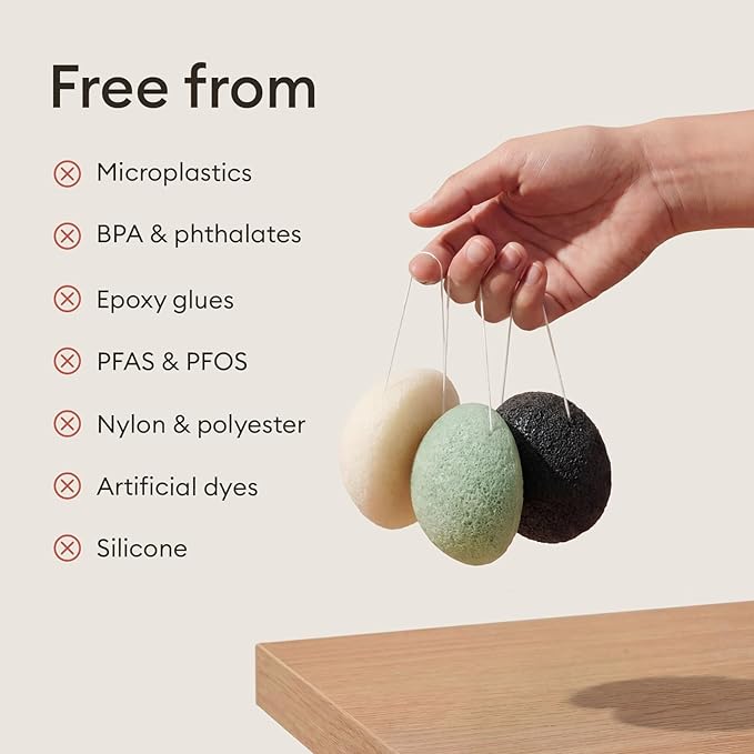 Vove Organic Konjac Facial Sponges 3-Pack - Natural Face Exfoliating Sponges with Bamboo Charcoal & Green Clay, Gentle Cleansing for All Skin Types, Natural Vegan Skincare, Certified Organic
