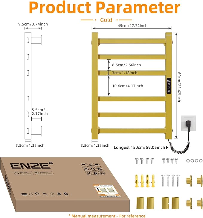 ENZE Smart Heated Towel Rack, 6-Bar Wall-Mounted Electric Towel Warmer 150W, Wi-Fi App Control & LED Touch Screen, Adjustable Temperature & 24H Timer, IPX5, Plug-in/Hardwired, Gold, Low Carbon Steel