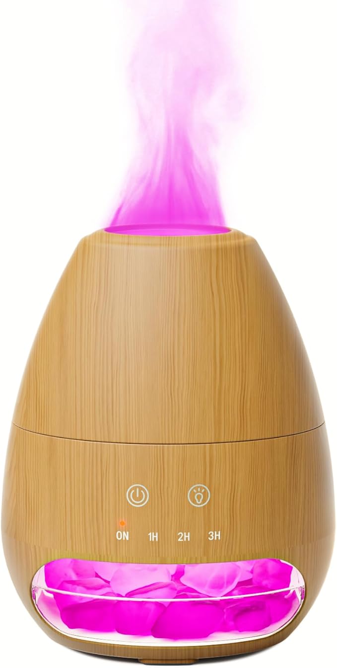Ultrasonic Essential Oil Diffuser with Himalayan Salt Rock,Flame Diffuser with 7 LED Light,100ML Small Aromatherapy Oil Diffuser with Auto Off Function for Home, Office,Spa,Wooden Grain