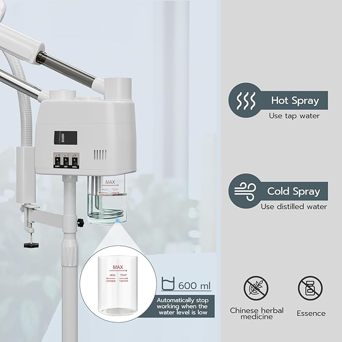Paddie Professional 3 in 1 Facial Steamer on Wheels for Esthetician, Hot & Cold Mist, 5X LED Magnifying Lamp, White