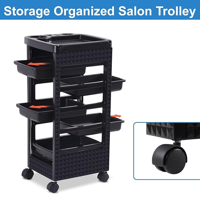 Salon Trolley Cart with 5 Drawers, Beauty Rolling Hair Rack with Worktop, Portable Salon Station for Hair Stylist, Professional Beautician’s Equipment with Wheels for Spa/Tattoo