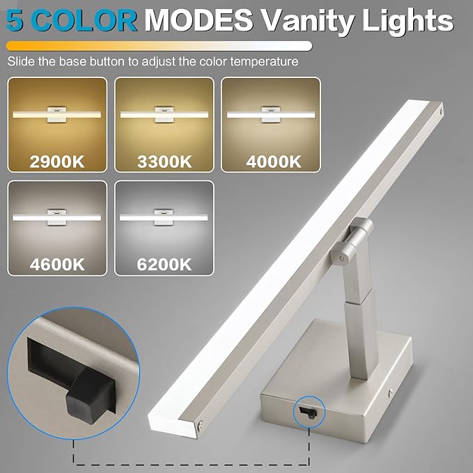 SOLFART Vanity Lights for Bathroom Retractable: 48 Inch 5CCT Brushed Nickel Led Bathroom Light Fixtures Dimmable Adjustable Head ETL Listed