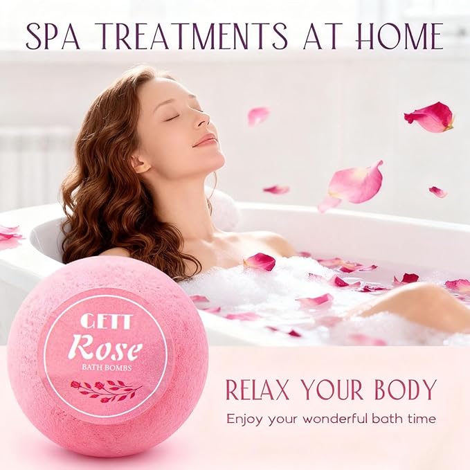 GETT Rose Bath Bombs 4 Pack Individually Wrapped – Bath Bombs for Women, Bubble Bath, Aromatherapy Essential Oils, Moisturizing Spa Gift Set, Mother’s Day Gift for Mom, Relaxing Bath Bomb Gift Set
