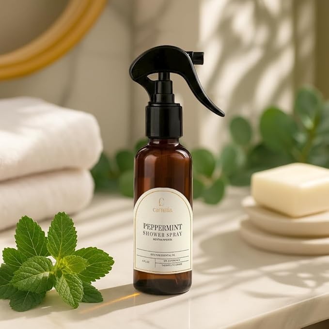 Carnatia Peppermint Shower Spray – Aromatherapy Essential Oil Mist for Showers | Spa-Like Refreshing Steam Experience | 4 fl oz Trigger Pump Spray for Focus & Energy