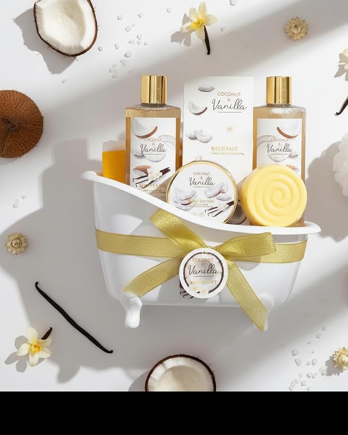 Mothers Day Gifts for Women and Men - 8-Piece Bath Kit Coconut Vanilla Bath & Body Gift Set for Women Self Care Spa Gift Baskets | Perfect Gifts for Mom, Birthday Gift, All Occasion Holiday Present