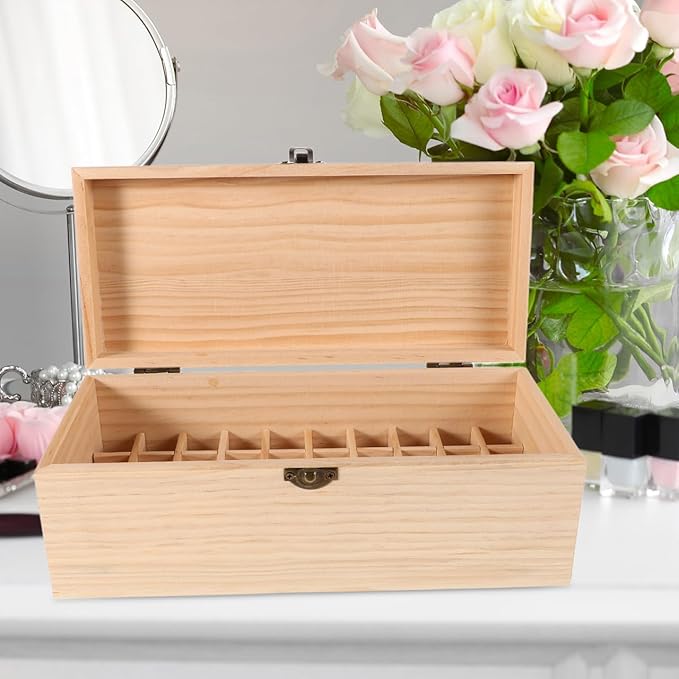 Healeved Essential Oil Storage Box Wooden Organizer with Multiple Compartments for Aromatherapy Bottles Nail Polish Display Pine Wood Case 10.55 X 4.60 X 3.93 Inch for Home Spa Use