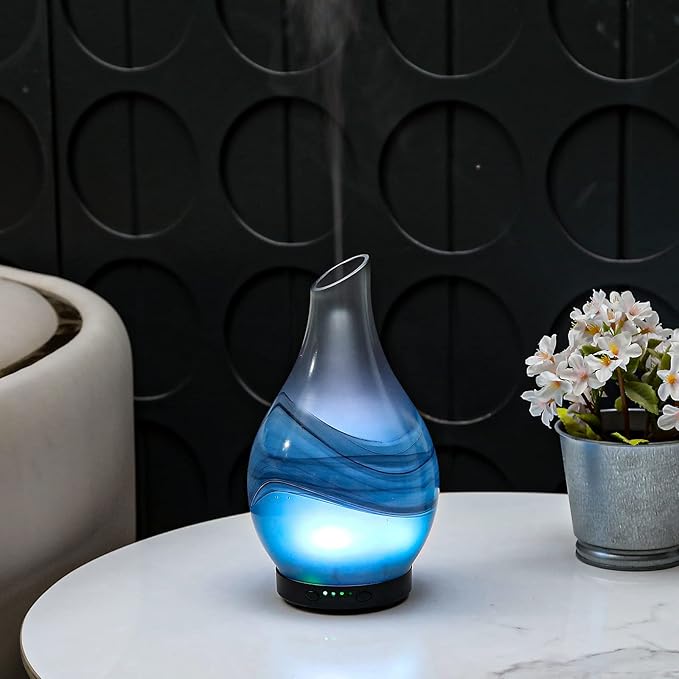 MAXWINER Essential Oil Diffusers Handmade Art Glass Ultrasonic Aromatherapy Diffusers with 7 Colors Lights Changing, Waterless Auto Shut-Off, Time Setting for Home, Office, Room 120ml
