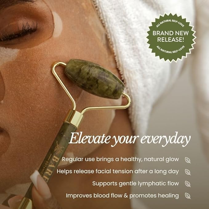 BARE BOTANICS Jade Gua Sha & Face Roller Set | Authentic Jade Facial Tools for Puffiness, Lymphatic Drainage & Glowing Skin | Dual Skincare Depuff Set | Vegan & Cruelty-Free