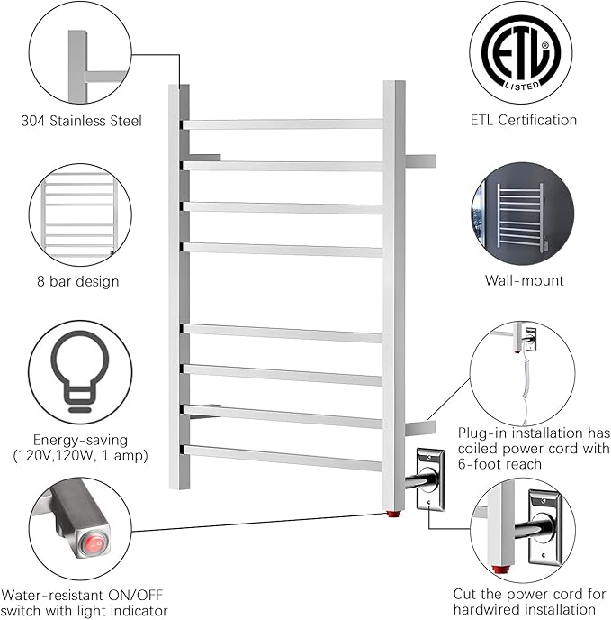 HEATGENE Towel Warmer, Heated Towel Warmer Rack, Wall-Mounted Hardwired/Plug-in Electric Towel Warmers for Bathroom, Hot Towel Rails - Mirror Polish