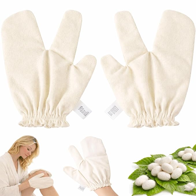 Garshana Gloves Raw Silk Gloves for Dry Brushing, Raw Silk Massage Gloves Exfoliating Body Scrub Mitt for Pre Shower Spa Massage, Ayurvedic Inspired Skin Brushing Massage,2PCS