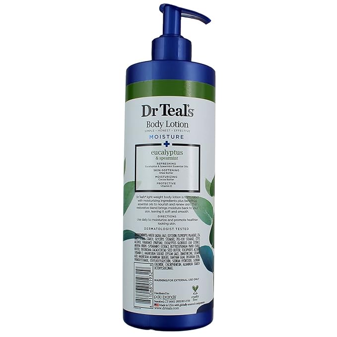 Dr Teal's Body Lotion - Moisture Plus - Rejuvenating Eucalyptus & Spearmint Essential Oils, 18 Fl Oz 2-Pack (36 Fl Oz)