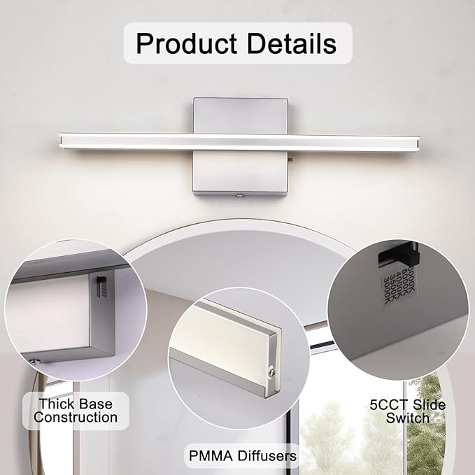 LED Brushed Nickel Vanity Lights for Bathroom Light Fixtures 5CCT Dimmable Vanity Light Bar Bathroom Lighting 15.7' Inch 12W