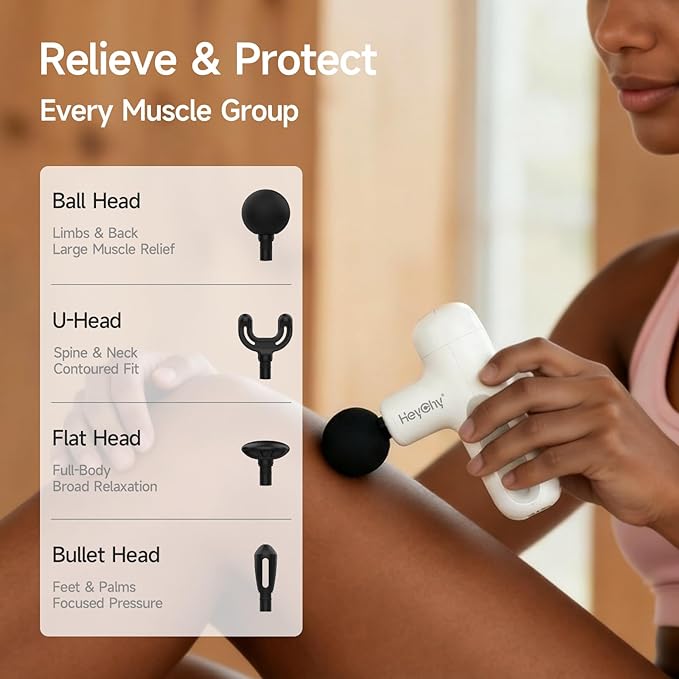 HEYCHY Super Mini Massage Gun Deep Tissue, Handheld Muscle Massager with 4 Heads, Percussion Travel Size Massager Gun for Men & Women Back Pain Relief, Quiet for Home, Gym, Office, White