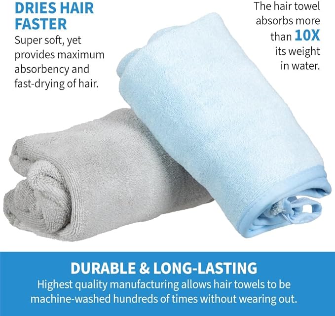 ForPro Professional Collection Premium Microfiber Hair Towel Wrap, 2-Pack Quick Drying Hair Turban for Women, 10" x 26", Cool Grey + Sky Blue