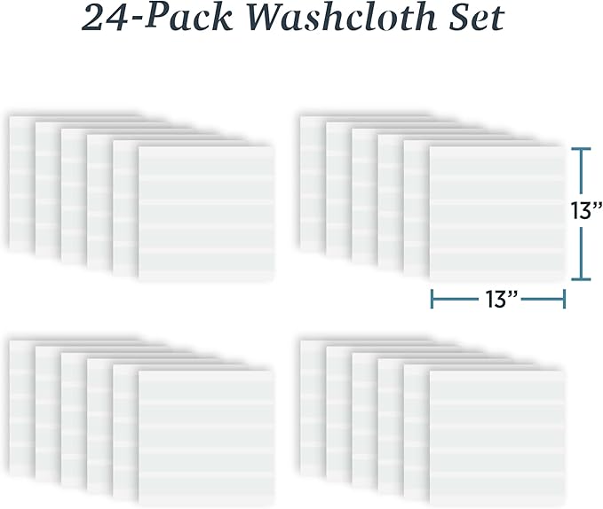 Welhome James 100% Cotton Textured Stripe Towels - 24 Pack Washcloths, Soft & Absorbent, White