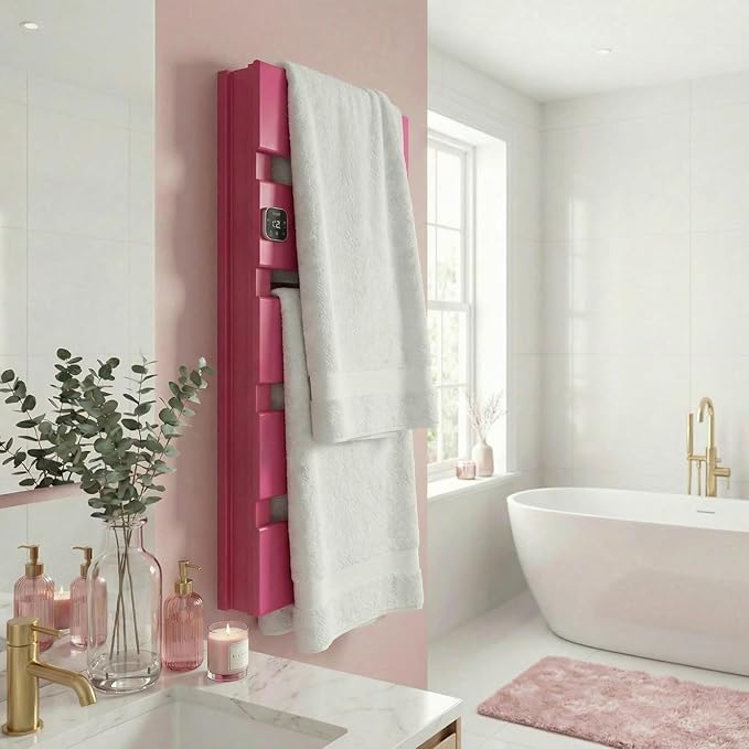 Electric Towel Warmer, Heated Towel Rack with Thermo Control and Timer, Fast Heating Towel Rail for Bathroom with Memroy Function, Work with Smart Plug, Left-Wiring, 5 Panel, Pink