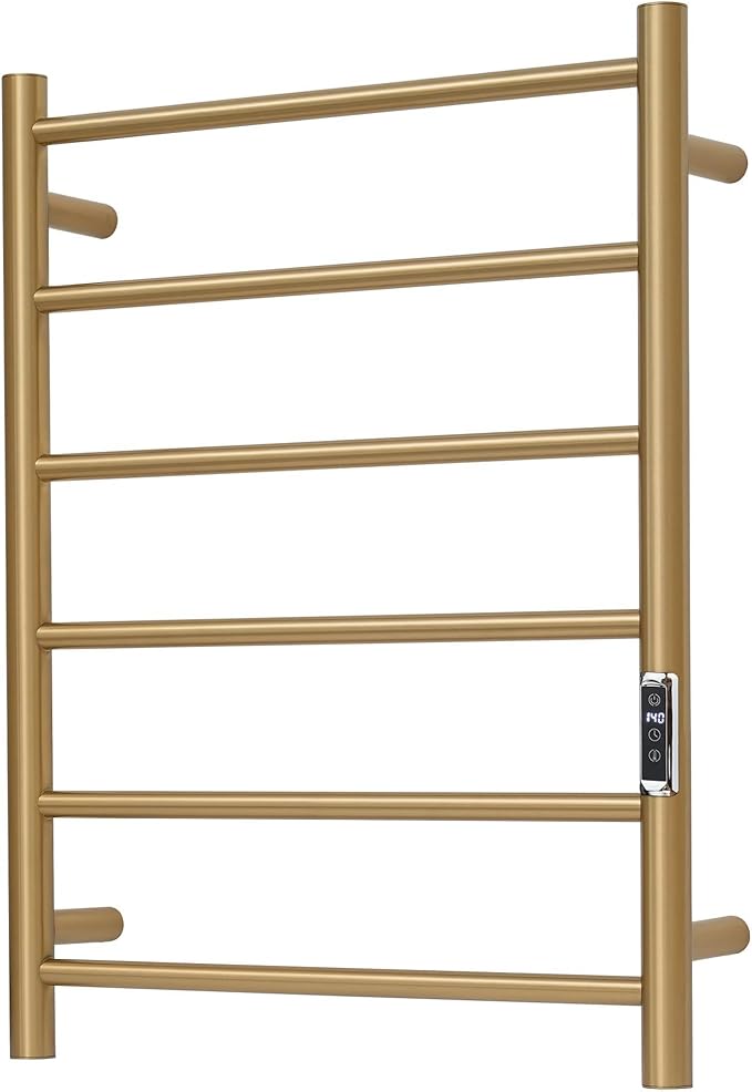 Heated Towel Racks for Bathroom, Wall Mounted Electric Towel Warmer Racks with Timer & Temperature Control, 6 Bar Stainless Steel Towel Heater for Bathroom, Brushed Gold, Plug-in