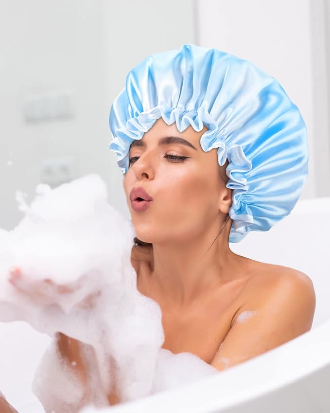 Aquior Shower Caps, Reusable Shower Cap for Women, Double Layer Waterproof Hair Cap, Large Size for All Hair Lengths,for Girls Spa Home Salon Use (Blue Cloud)