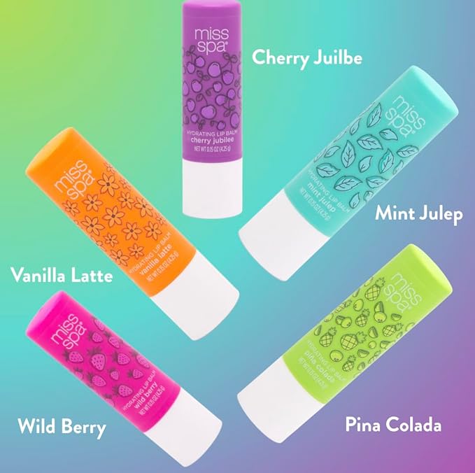 Miss Spa Hydrating Lip Balm Set Moisturizing Lip Care Gift Set for Dry Lips,Nourishing Lip Moisturizer with Shea Butter & Vitamin E, Vegan Gluten Free, Long-Lasting Hydration, 5 Flavors
