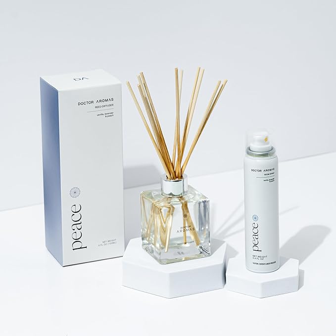 Doctor Aromas Aroma Set Essential Oil Natural Reed Aroma Wood Sticks Diffuser Glass Set – Elegant Scent for Home, Room or Bathroom, Décor, and Fresh Air Fragrance Aromatherapy Gift (Peace)