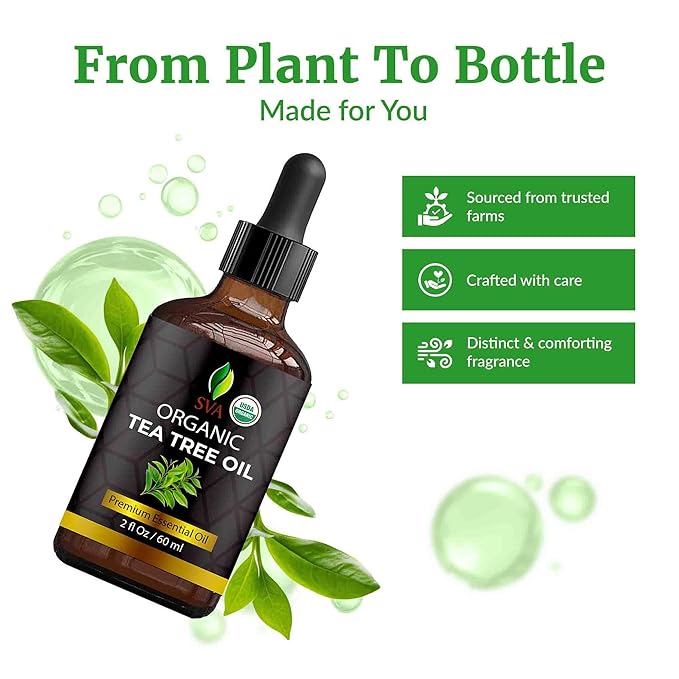 SVA Tea Tree Essential Oil Organic – 2 Fl Oz – 100% Natural Organic Tea Tree Oil - for Diffuser, Hair, Face, Skin Care, Aromatherapy, Scalp and Body Massage, Soap and Candle Making - with Dropper