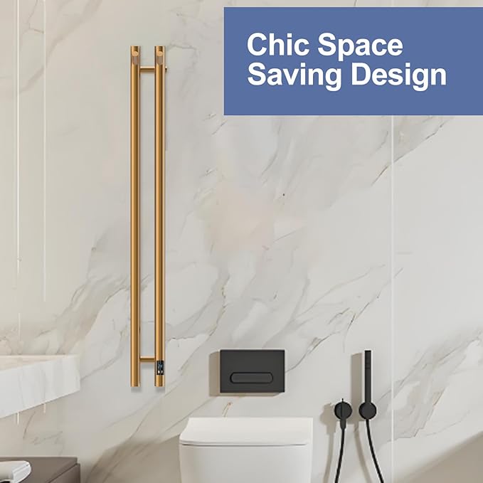 Heated Towel Rack, Towel Warmer with Timer, Wall Mounted hot Towel Warmer Rack for Bathroom, Hardwired or Plug-in Models Vertical Towel Heater, 2 Vertical Rack Round Design (Gold)