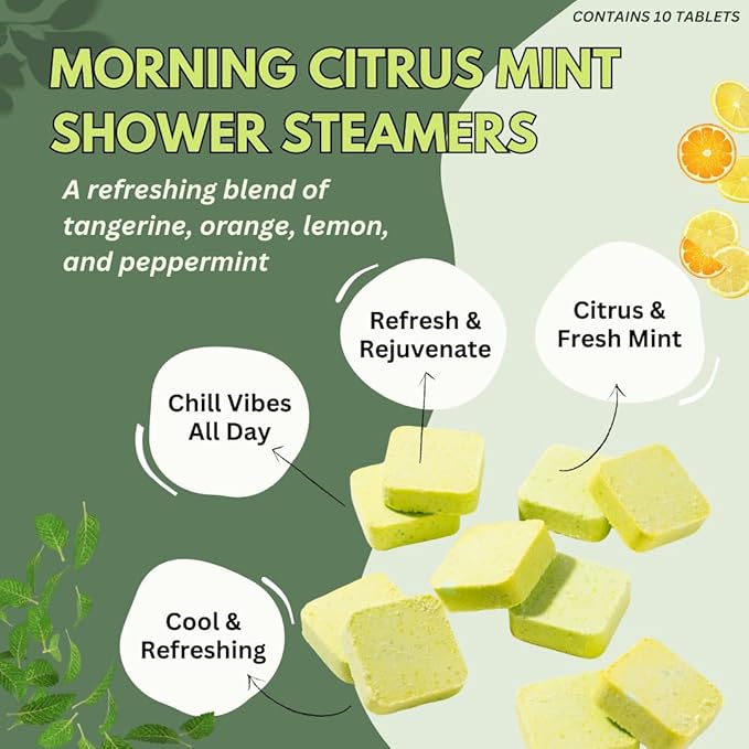 Morning Citrus Mint Shower Steamers Aromatherapy for Energy - USA Made Mothers Day Gift for Mom - Peppermint & Orange Shower Bomb Tablets – Soothing Natural Essential Oils (10 Pack)