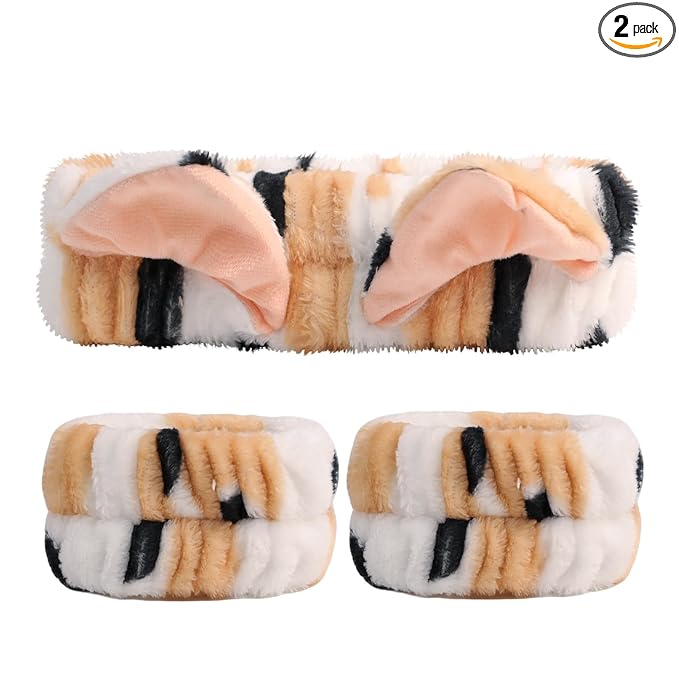 PERFECTSIGHT 2 Pack Cute Animal Headbands for Makeup Wash Shower Adjustable Elastic Hair Band for Girls and Women (Leopard Cat Ear)