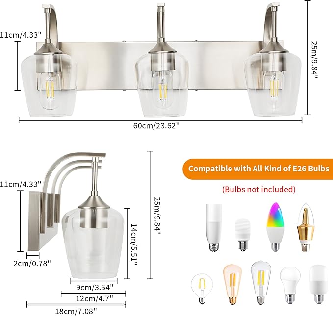 3-Light Brushed Nickel Bathroom Light Fixture With Clear Glass Shade, 23.62'' Modern Vanity Wall Lights for Bedroom Hallway Living Room (E26 Base)