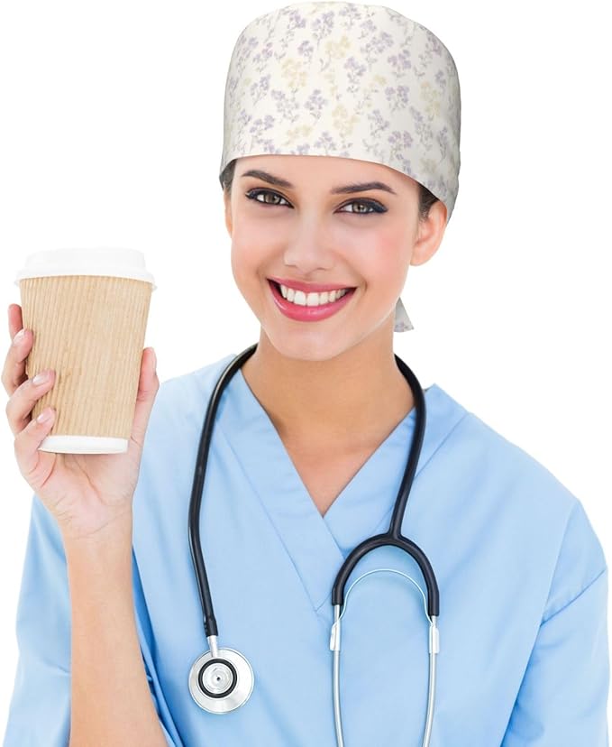 Scrub Cap for Women and Men Boho Black Leaf Pattern Adjustable Breathable Sweatband Hat for Work Kitchen Spa Shower Daily Use