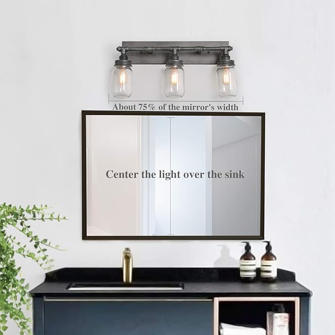 LNC 24'' Large Bathroom Light Fixtures, Industrial 3 Mason Jar Vanity Light with Antique-Silver Brushed Finish
