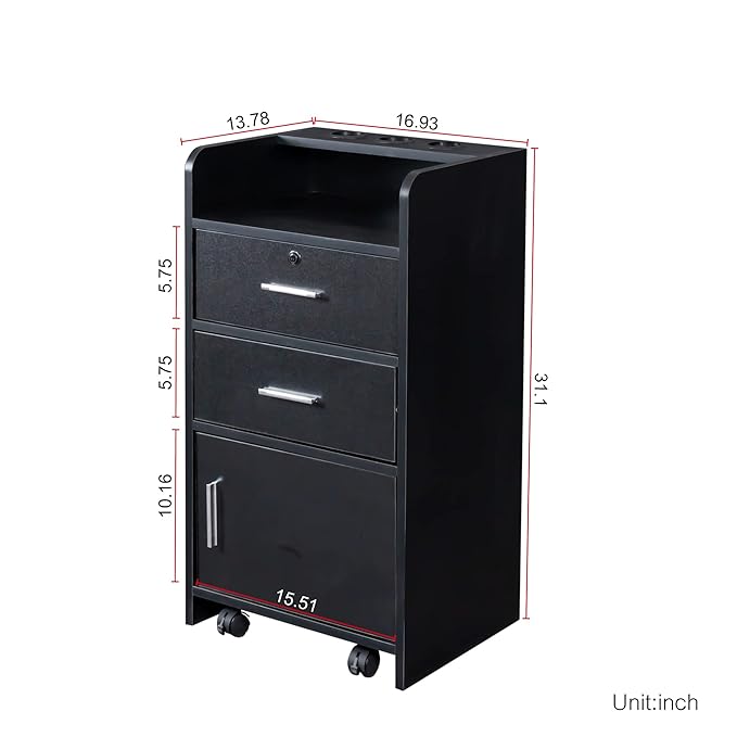 SSLine Modern Salon Station Black Floor Stand Styling Sation Wood Salon Cabinet for Hair Stylist Barber Shop Classic Beauty Spa Storage Table with Drawers,Cupboard and Tool Insert Holes
