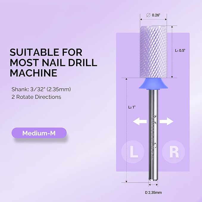 MelodySusie Ceramic Nail Drill Bits, 3/32'' Chamfer Flat Top Large Barrel Bits, Fast Remove Acrylic or Hard Gel, Nail Tool for Manicure Pedicure, Salon Home, Professional or Beginner, Purple, Medium