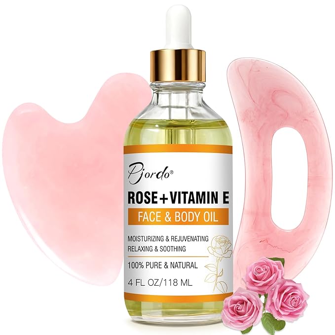 Pjordo Vitamin E Rose Oil & Gua Sha Massage Tools Set, Gua Sha Oil for Face & Body, Organic Vitamin E Oil for Moisturizing and Hydrating, Anti Aging, Self Skin Care Gifts for Her Women