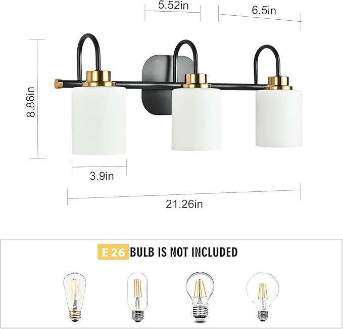 Mid Century Modern Matte Black and Gold 3 Lights Milky Glass Wall Light Fixture for Bathroom Modern Bathroom Vanity Lights Over Mirror(Exclude E26 Bulb)