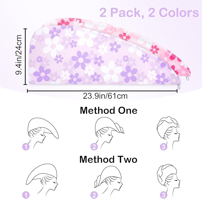 Basumee Microfiber Hair Towel Wrap for Kids 2 Pack Rapid Drying Hair Towel with Button Hair Turbans for Wet Hair Wraps Head Towel Wrap for Women and Girls