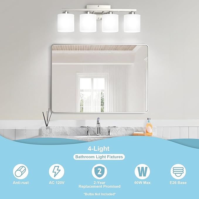 Honesorn 4-Light Bathroom Vanity Light Fixture, Brushed Nickel, Modern With Frosted Shade & Anti-Rust Finish, E26 Base Lighting