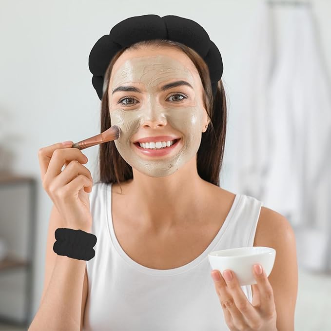 Black Spa Headband and Wristband Set with Bow for Washing Face, Skincare, Makeup - Sponge Cloud Headband for Women Girls