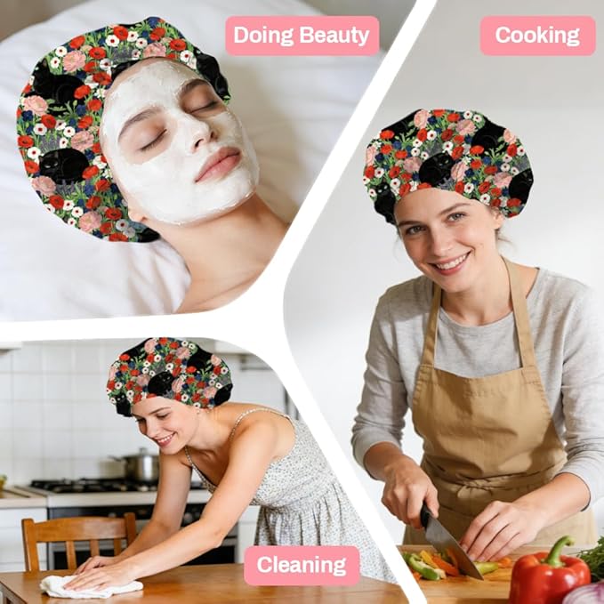 Black Cat Reusable Shower Cap Flower Double Layer Waterproof Shower Caps Large Elastic Hair Cover Adjustable Hair - Drying Caps for Woman Man Bath SPA Travel One Size Fits Most