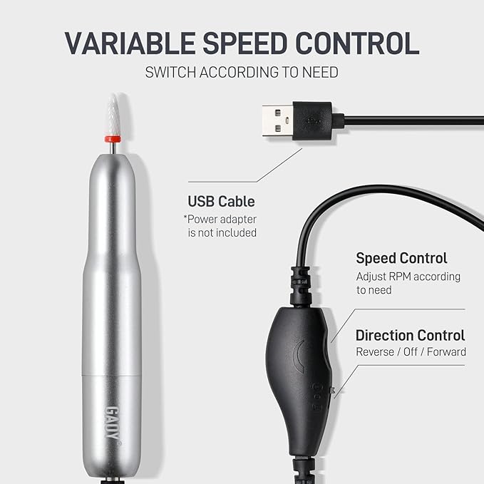 GAOY Electric Nail Drill for Acrylic and Gel, USB Electric Nail File, Portable Efile with Drill Bits, Manicure Pedicure Tools for Home Salon, Sliver