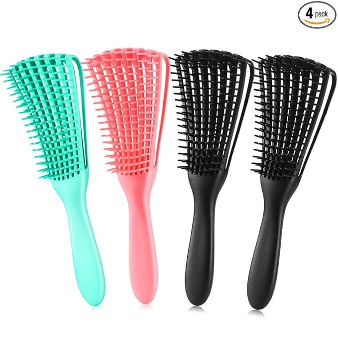 Hair Brush for Afro American/African Textured 3a to 4c Hair, Detangling Brush for Women's Knots, Wet/Dry/Oil/Thick/Long Hair, 4 pcs (Black+3 pcs)