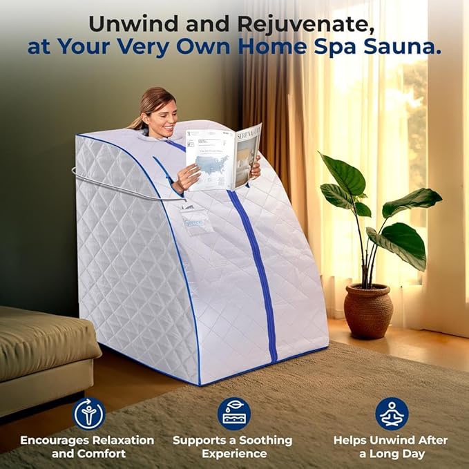 SereneLife Portable Sauna Box for Home, Infrared Sauna Tent with Heated Foot Pad and Folding Chair, Remote Control In-Home Spa, 38" x 32” - (Silver)