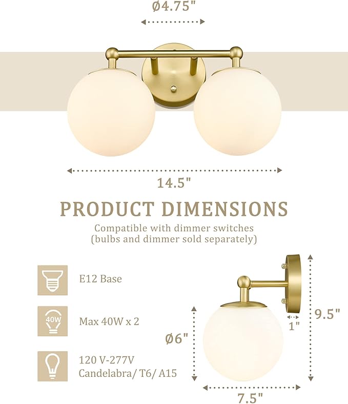 AKEZON Gold Bathroom Light Fixtures, 2-Light Vanity Lights Over Mirror Wall Sconce with Milky White Frosted Glass Shade, Mid Century Farmhouse Vanity Lighting for Bedroom Hallway