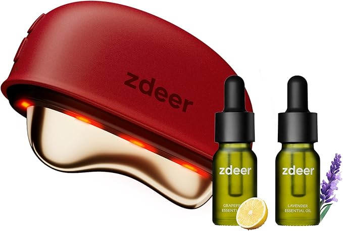 ZDEER Electric Gua Sha Facial Care Set – Heated Brass Face & Neck Massager with Red Light Therapy & Soothing Vibration, Includes 2 × 10ml Massage Oils for Face & Body Care