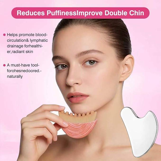 Lymphatic Contour Face Brush & Stainless Steel Gua Sha Tool Set – 2-in-1 Facial Massage Kit for Jawline Sculpting, Puffiness Reduction, Lifting & Relaxation, Lymphatic Drainage Brush with Storage Case