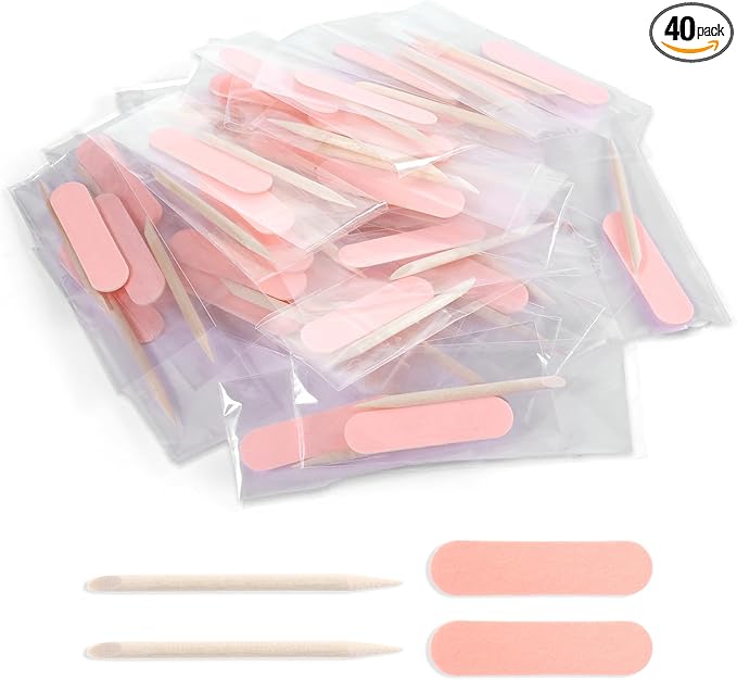 40 Pack Mini Nail File Disposable Manicure Kit Individually Package with Wooden Cuticle Pusher Sticks Press on Nail Art Tool Prep Kit Pedicure Cleaner Tools for Home