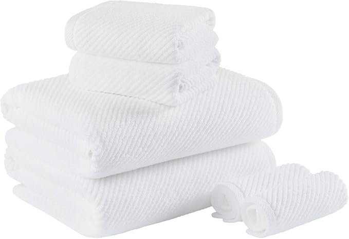 Madison Park Bathroom Towel Set of 6 Diagonal Ribbed, White 100% Cotton Quick Dry & Absorbent| 2 Bath 30" x 56"| 2 Hand 18" x 28"| 2 Washcloths 13" x 13"| Zero Twist, 500 GSM, Oeko-TEX