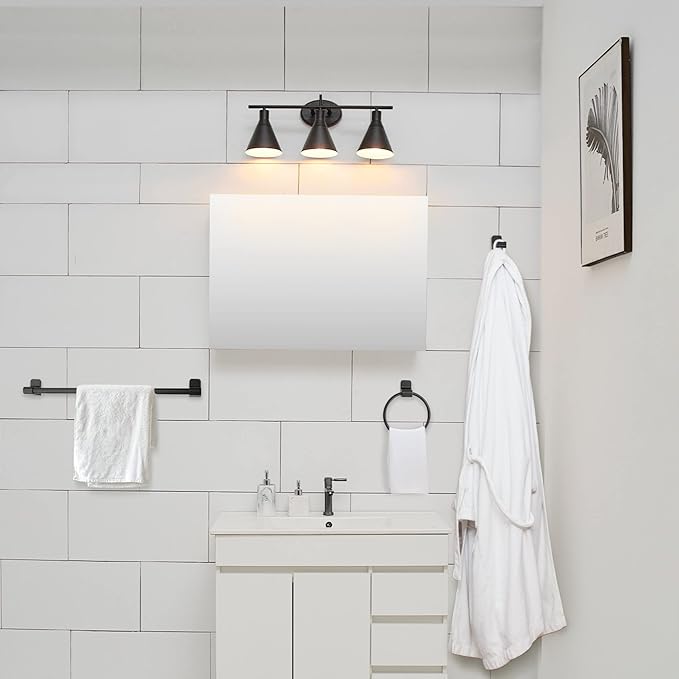 Globe Electric 52060 Tristan 5-Piece All-In-One Bathroom Set, Matte Black, 3-Light Vanity Light, Towel Bar, Toilet Paper Holder, Towel Ring, Robe Hook