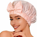 Shower Cap for Women, Cute Bow Waterproof Reusable Bath Cap, Non-Slip Anti Humidity, Roomy Anti-Frizz for Short Medium Wavy Hair, Soft Elastic & Machine Washable, Pink