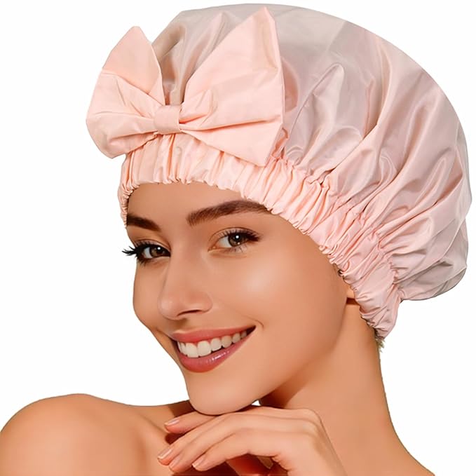 Shower Cap for Women, Cute Bow Waterproof Reusable Bath Cap, Non-Slip Anti Humidity, Roomy Anti-Frizz for Short Medium Wavy Hair, Soft Elastic & Machine Washable, Pink